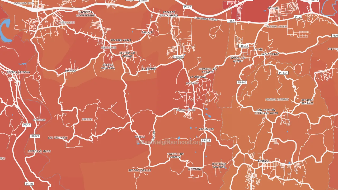 Map of the best neighborhoods in the Sabana Hoyos area, with better matches in green and worse matches in red