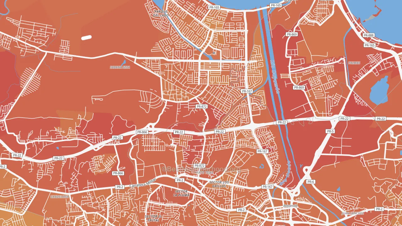 Map of the best neighborhoods in the Sabana Seca area, with better matches in green and worse matches in red
