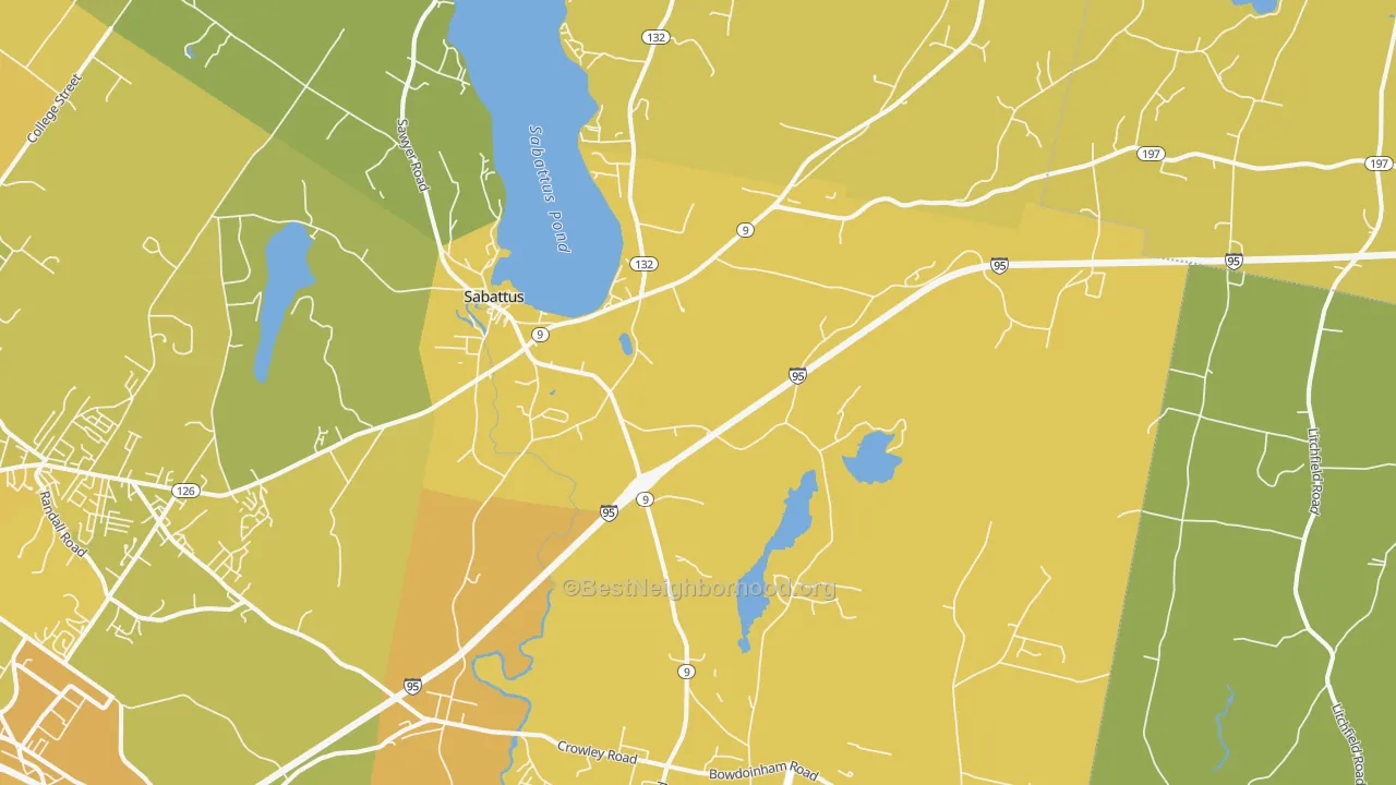Map of the best neighborhoods in the Sabattus area, with better matches in green and worse matches in red