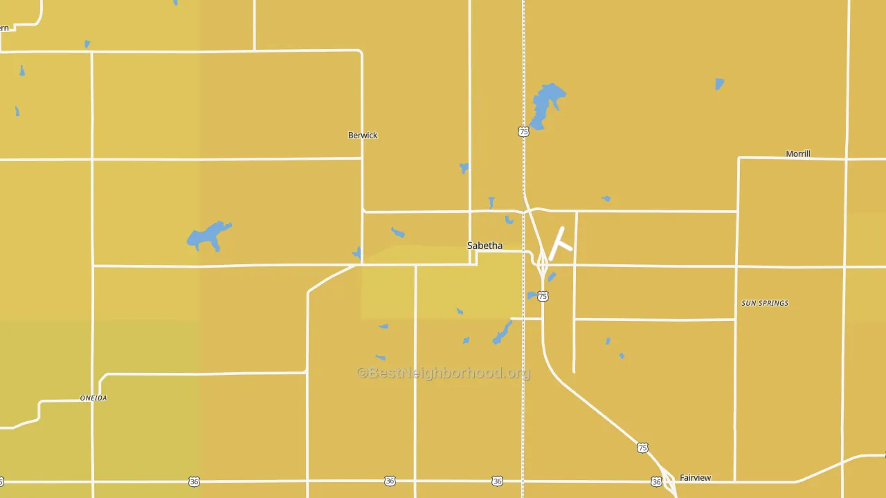 Map of the best neighborhoods in the Sabetha area, with better matches in green and worse matches in red