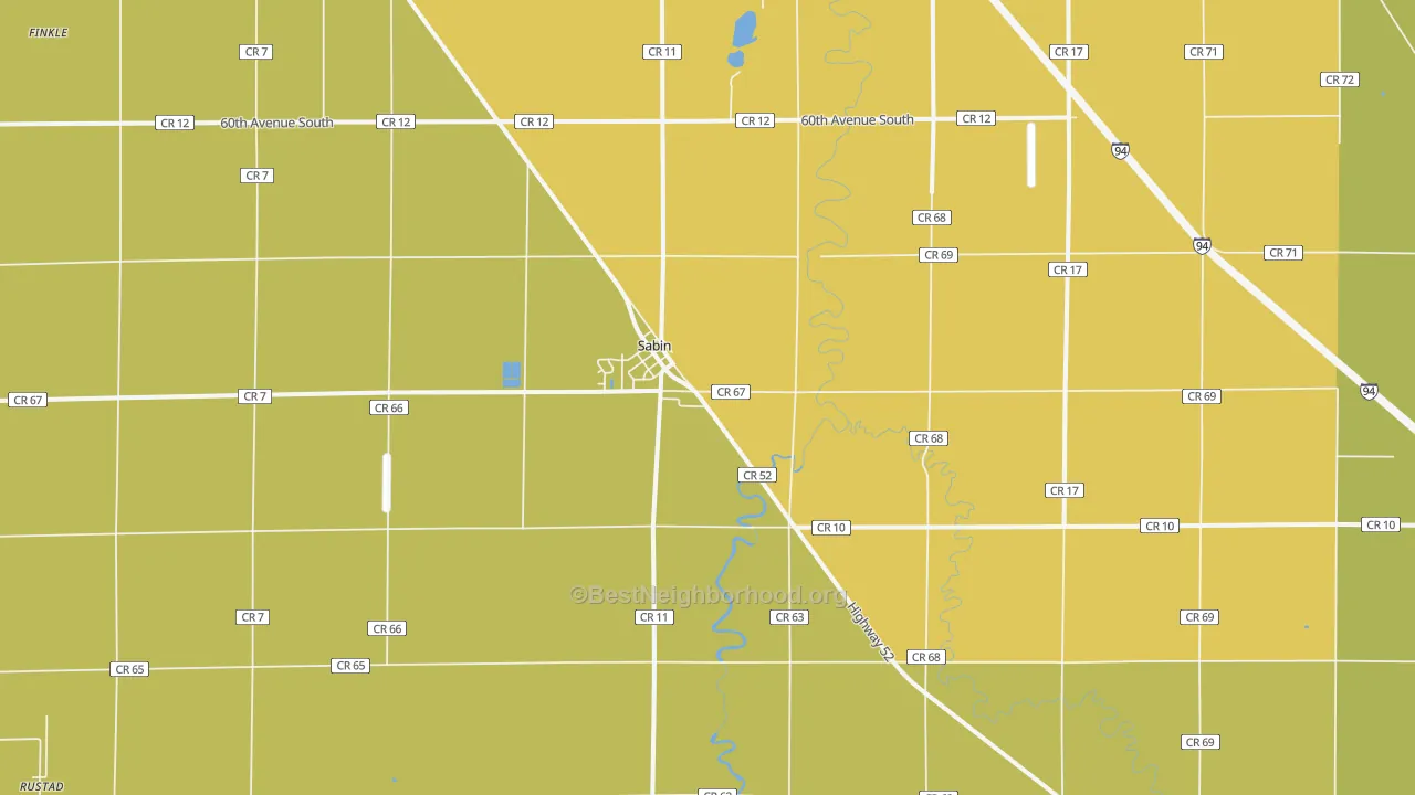Map of the best neighborhoods in the Sabin area, with better matches in green and worse matches in red