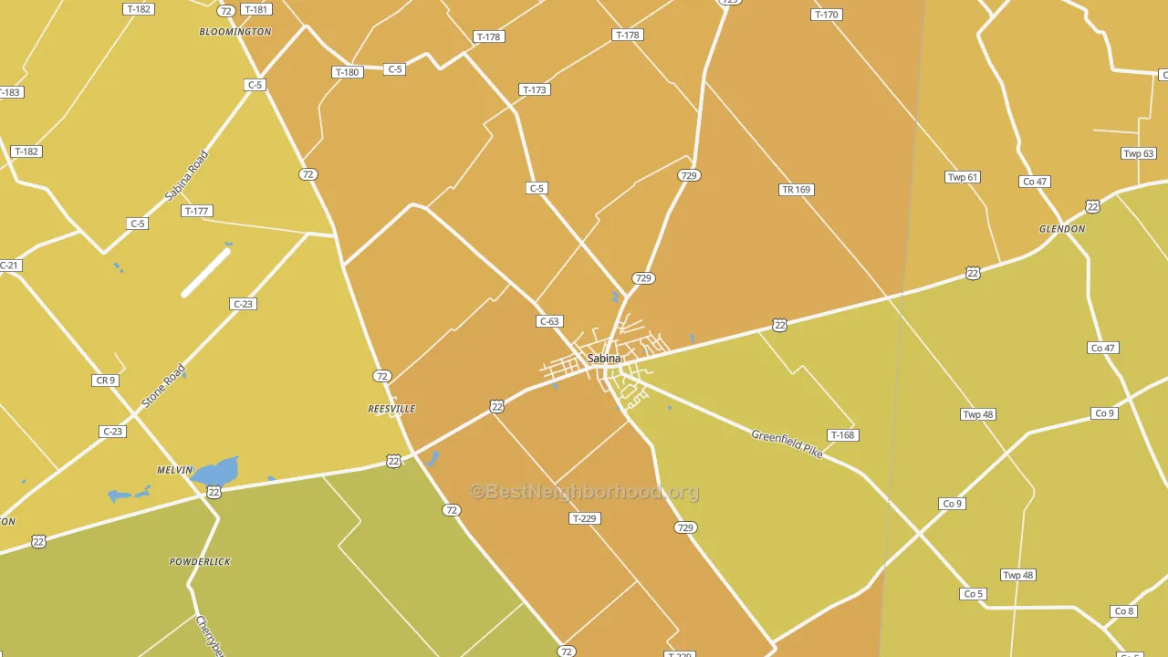 Map of the best neighborhoods in the Sabina area, with better matches in green and worse matches in red