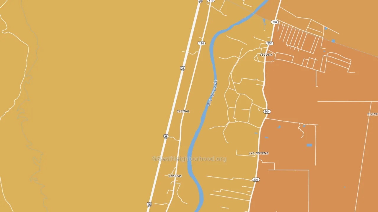 Map of the best neighborhoods in the Sabinal area, with better matches in green and worse matches in red