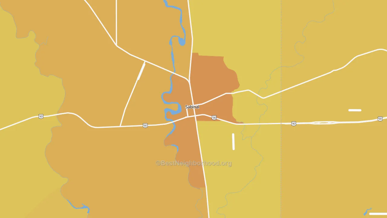 Map of the best neighborhoods in the Sabinal area, with better matches in green and worse matches in red