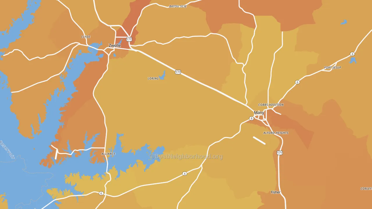 Map of the best neighborhoods in the Sabine Parish area, with better matches in green and worse matches in red