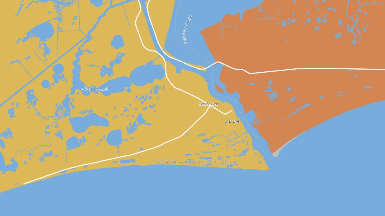Map of the best neighborhoods in the Sabine Pass area, with better matches in green and worse matches in red