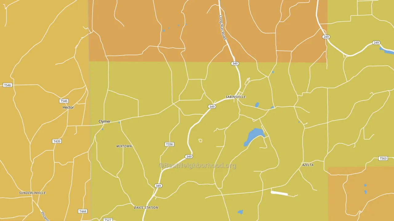 Map of the best neighborhoods in the Sabinsville area, with better matches in green and worse matches in red