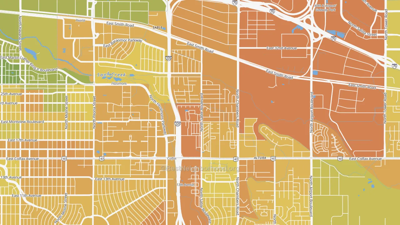 Map of the best neighborhoods in the Sable Altura Chambers, Aurora area, with better matches in green and worse matches in red