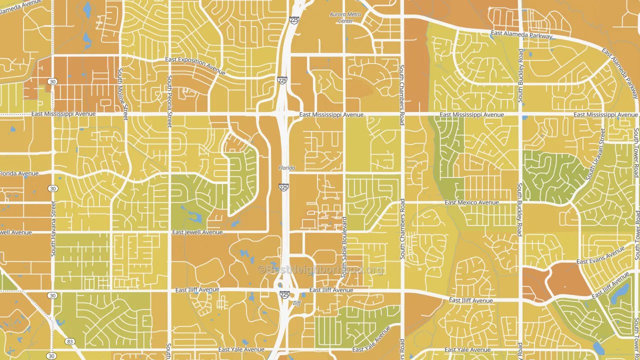 Map of the best neighborhoods in the Sableridge, Aurora area, with better matches in green and worse matches in red