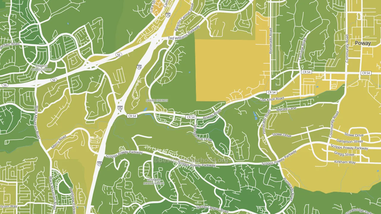Map of the best neighborhoods in the Sabre Springs, San Diego area, with better matches in green and worse matches in red