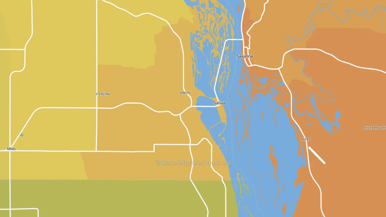 Map of the best neighborhoods in the Sabula area, with better matches in green and worse matches in red