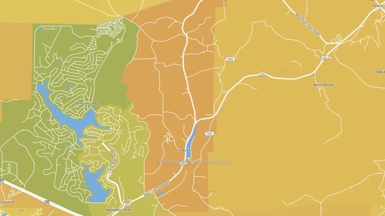 Map of the best neighborhoods in the Sabula area, with better matches in green and worse matches in red