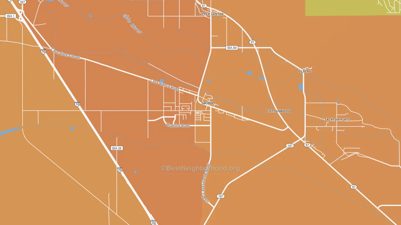 Map of the best neighborhoods in the Sacaton area, with better matches in green and worse matches in red