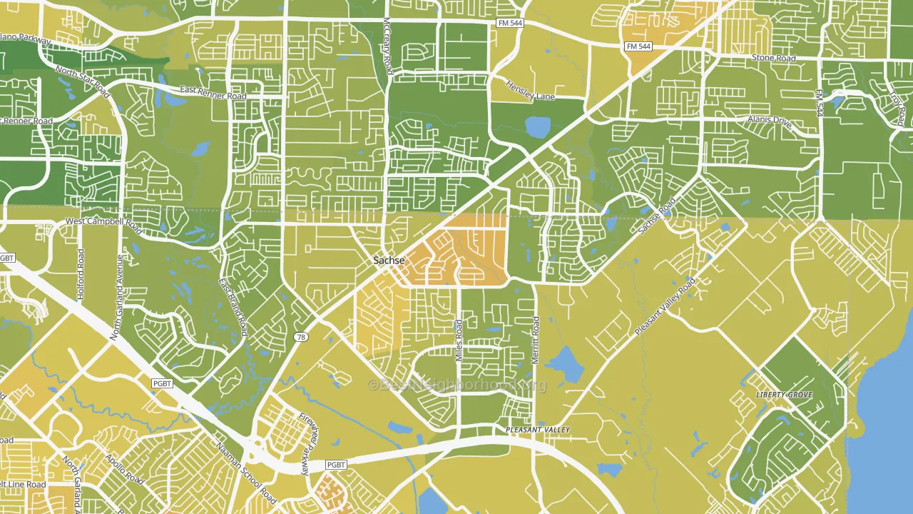 Map of the best neighborhoods in the Sachse area, with better matches in green and worse matches in red