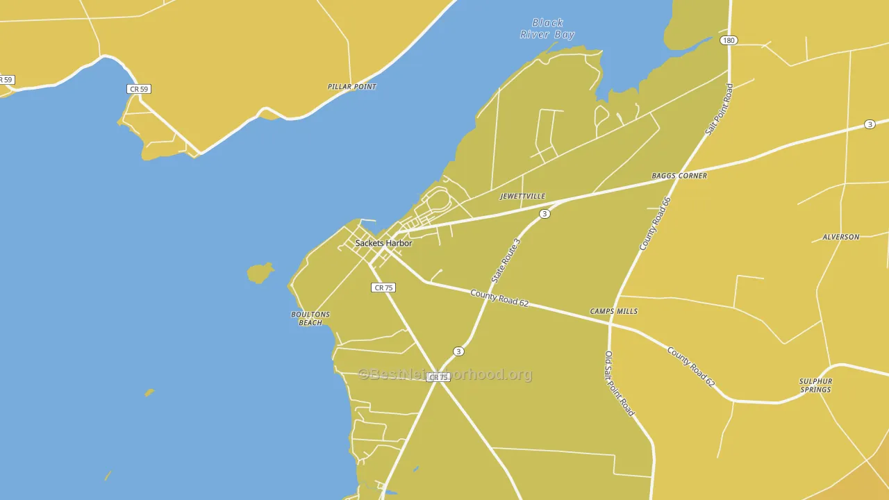 Map of the best neighborhoods in the Sackets Harbor area, with better matches in green and worse matches in red