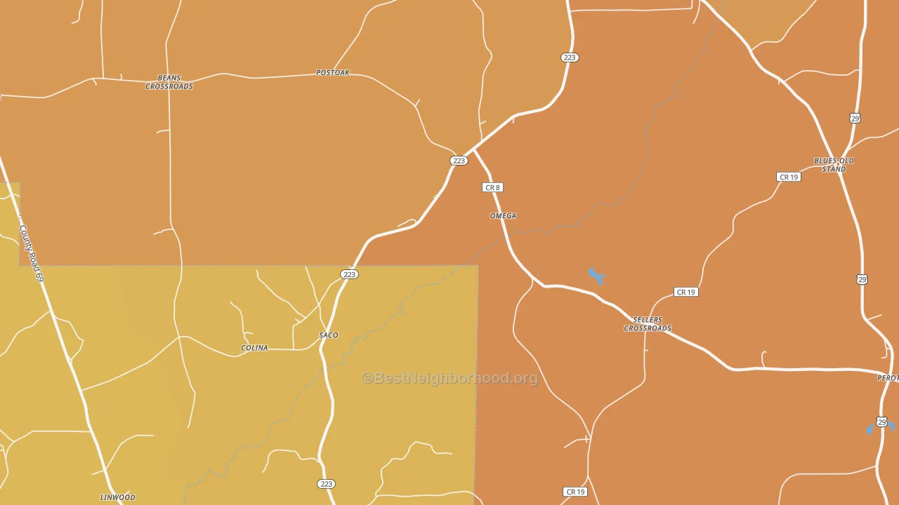 Map of the best neighborhoods in the Saco area, with better matches in green and worse matches in red