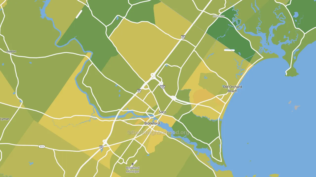 Map of the best neighborhoods in the Saco area, with better matches in green and worse matches in red