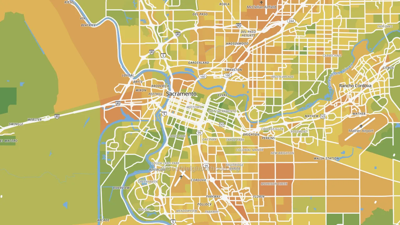 Map of the best neighborhoods in the Sacramento Metro area, with better matches in green and worse matches in red