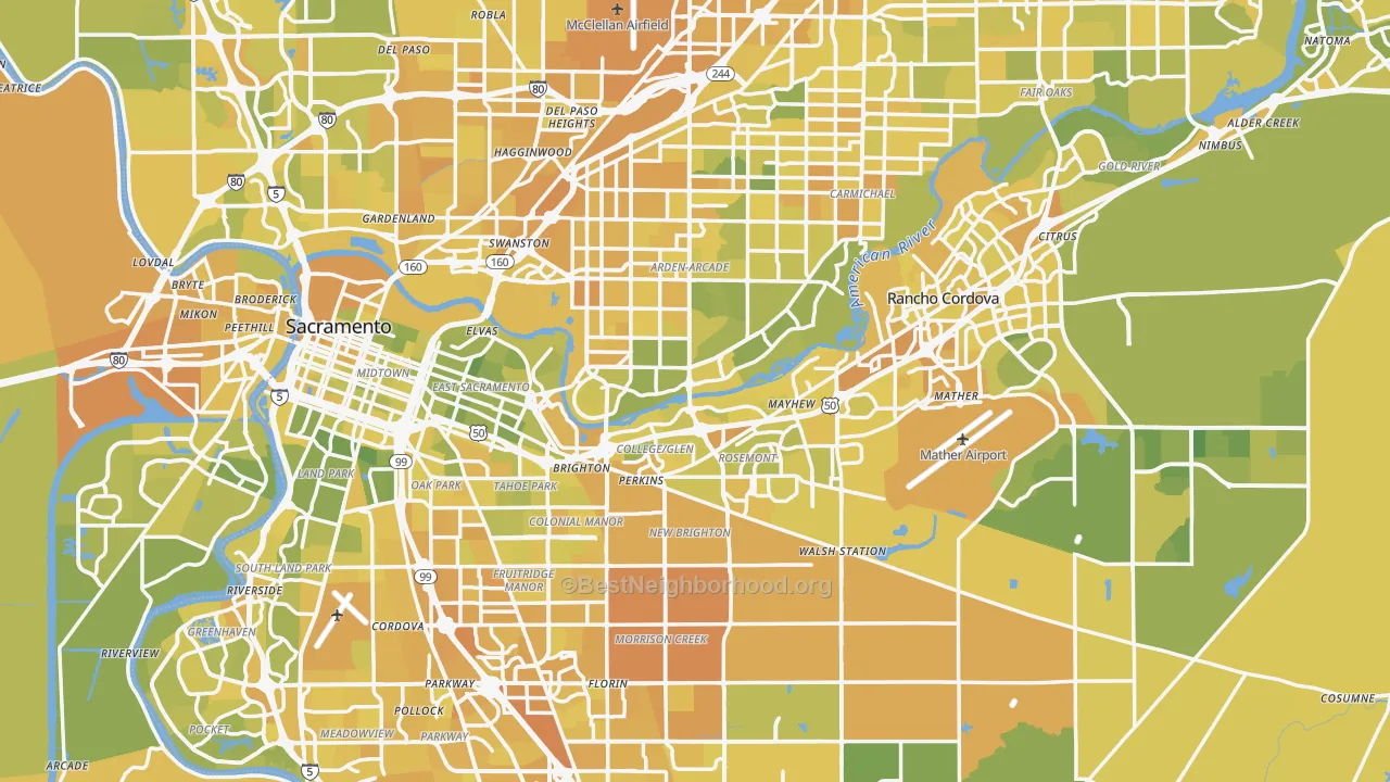 Map of the best neighborhoods in the Sacramento County area, with better matches in green and worse matches in red
