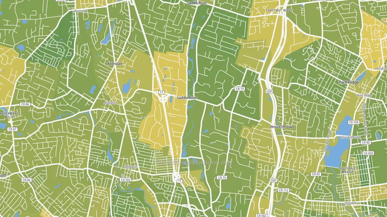 Map of the best neighborhoods in the Saddle River area, with better matches in green and worse matches in red