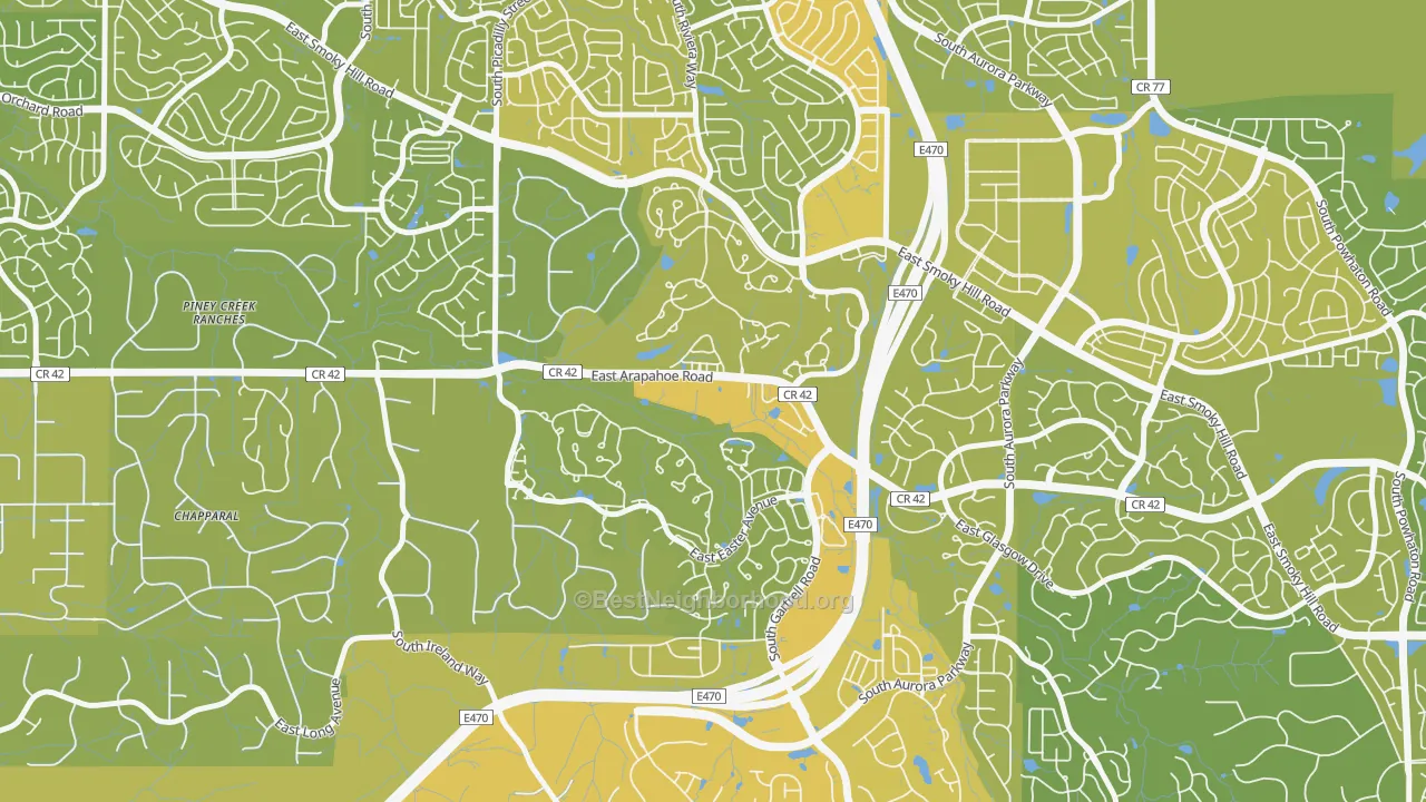 Map of the best neighborhoods in the Saddle Rock Golf Club, Aurora area, with better matches in green and worse matches in red