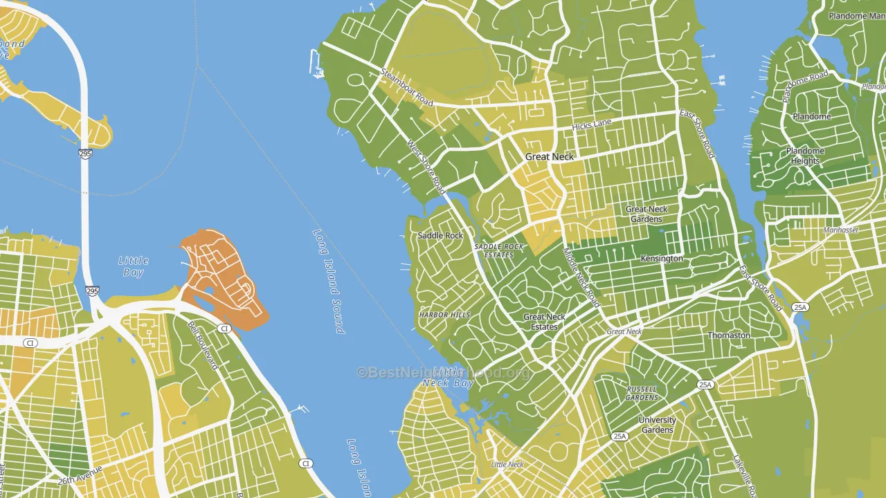 Map of the best neighborhoods in the Saddle Rock area, with better matches in green and worse matches in red