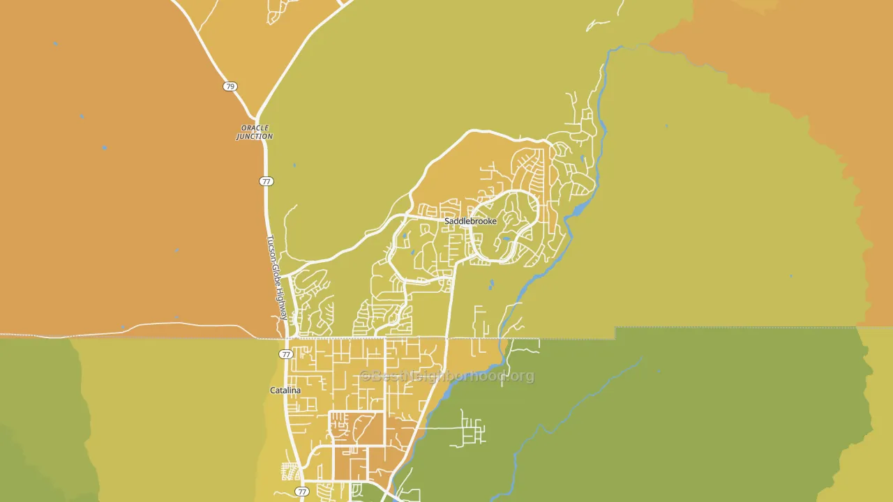 Map of the best neighborhoods in the Saddlebrooke area, with better matches in green and worse matches in red