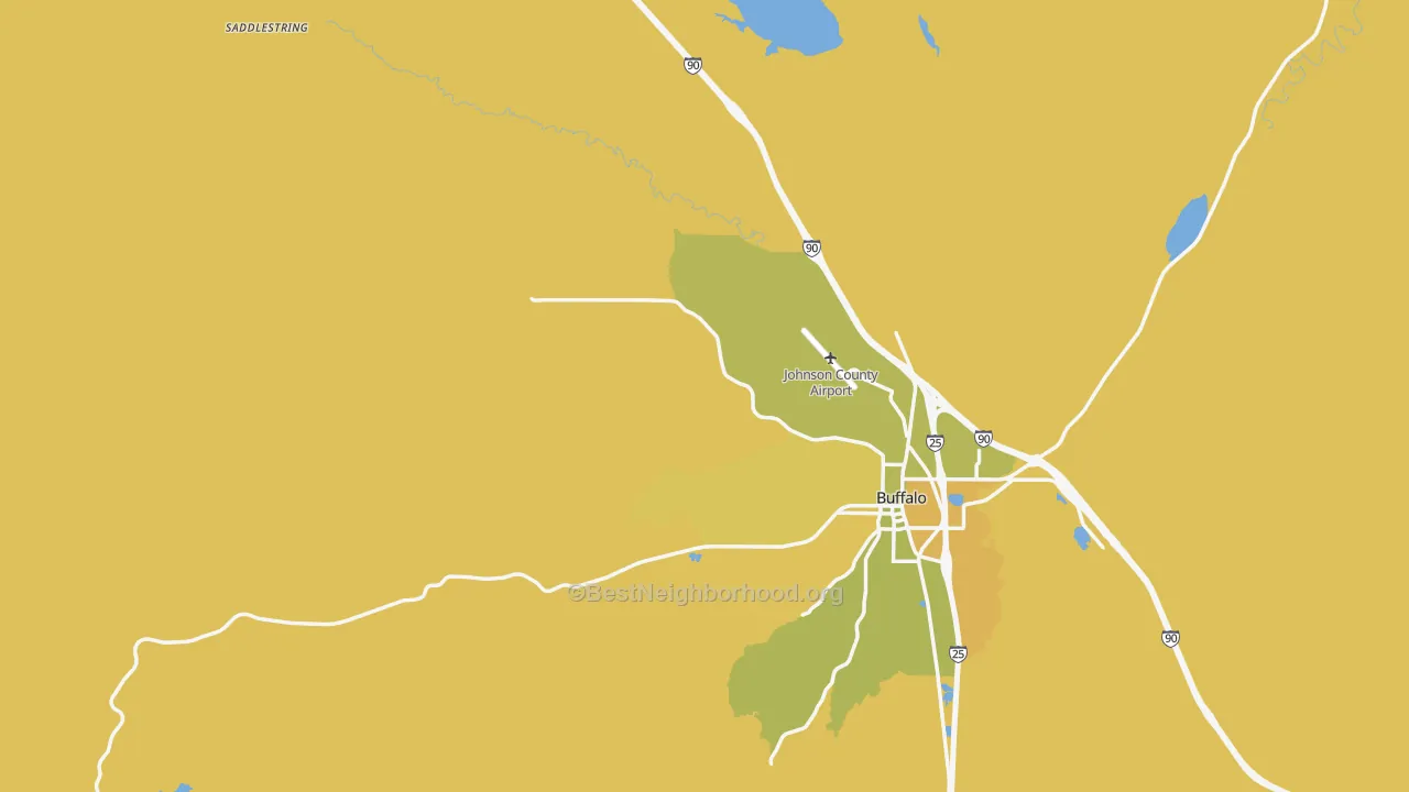Map of the best neighborhoods in the Saddlestring area, with better matches in green and worse matches in red