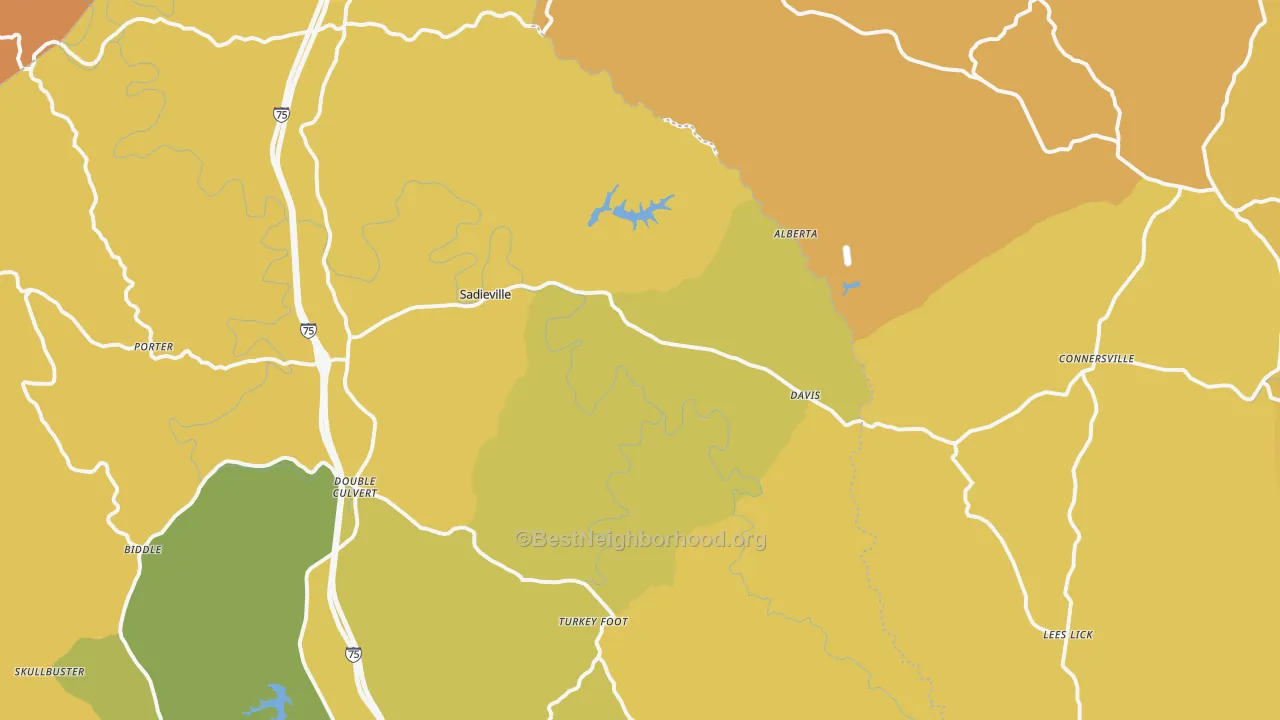 Map of the best neighborhoods in the Sadieville area, with better matches in green and worse matches in red