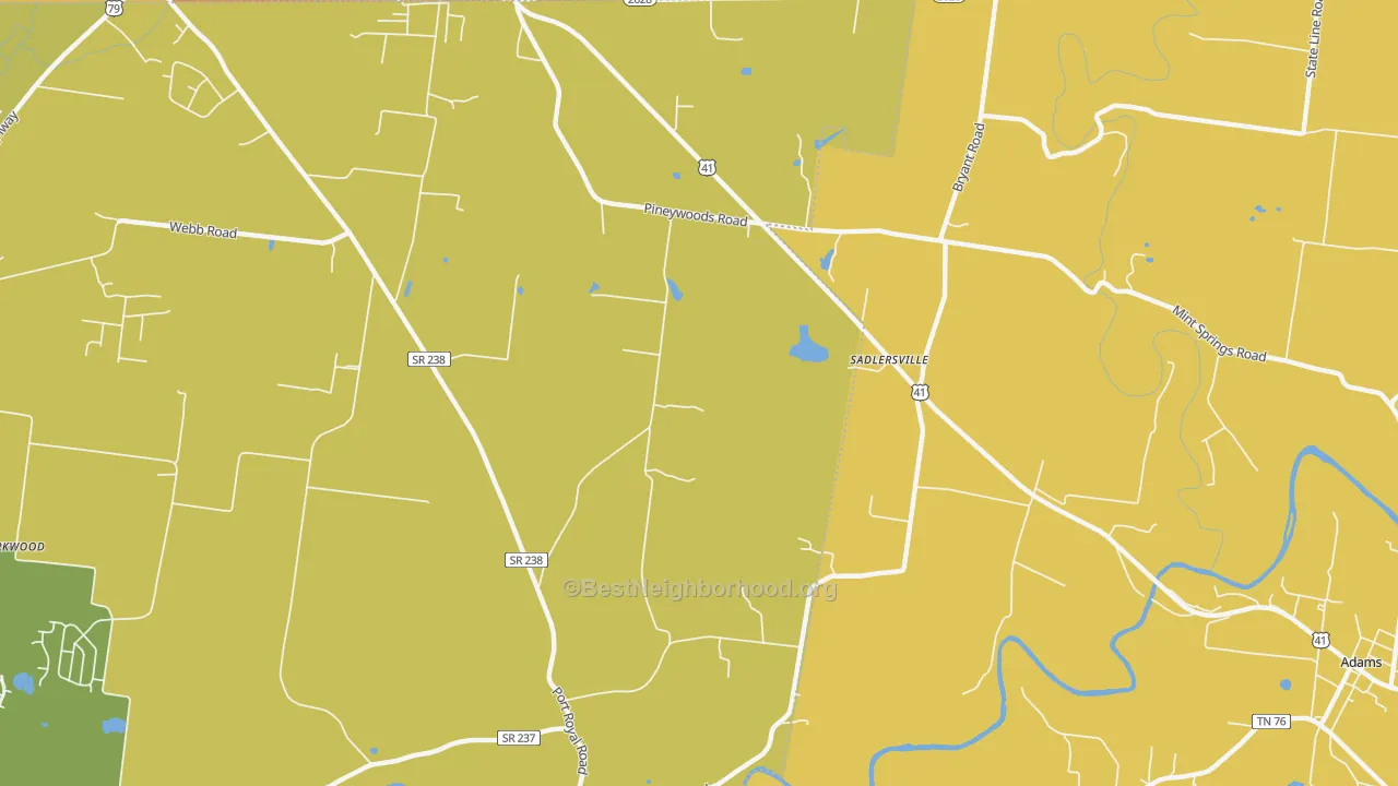 Map of the best neighborhoods in the Sadlersville area, with better matches in green and worse matches in red