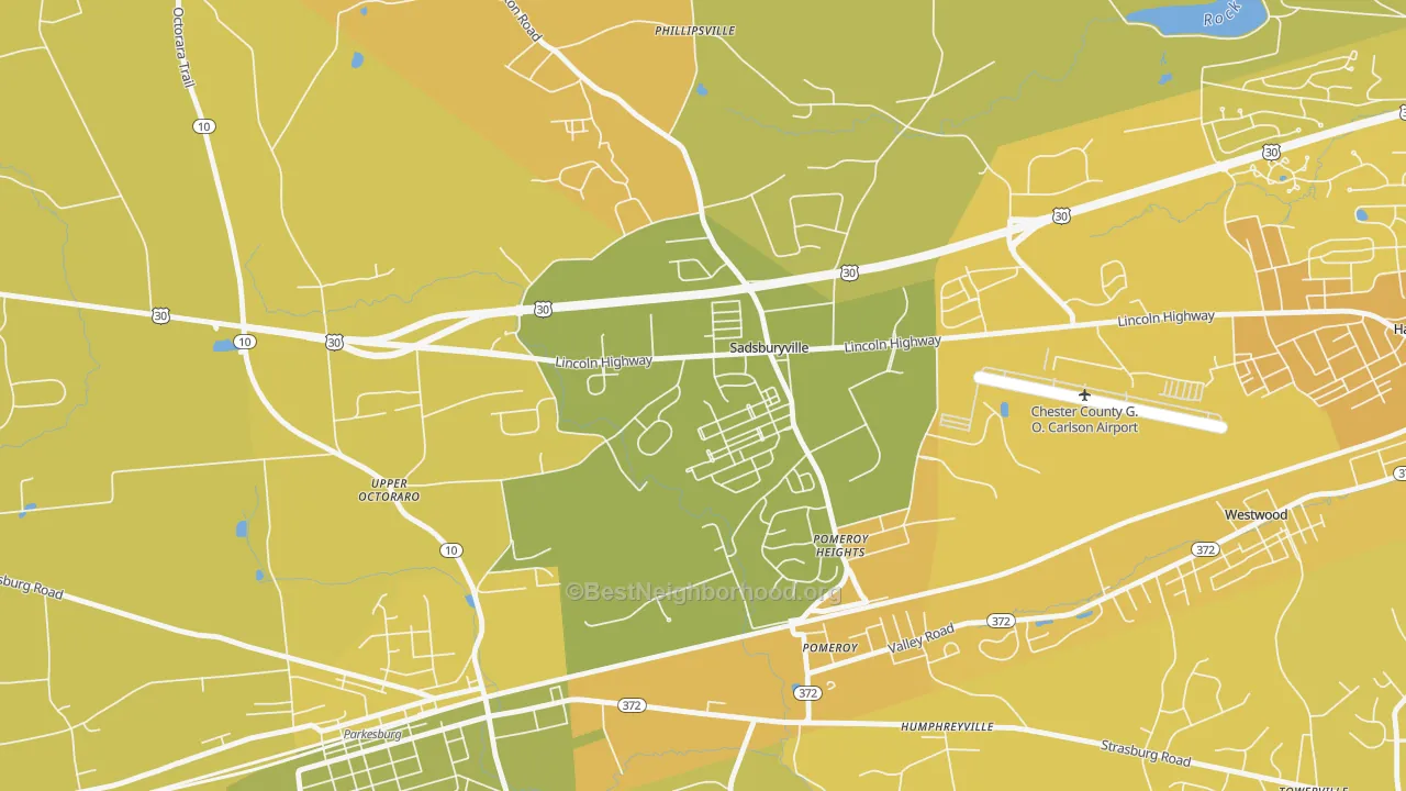 Map of the best neighborhoods in the Sadsburyville area, with better matches in green and worse matches in red