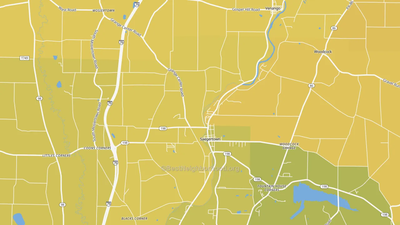 Map of the best neighborhoods in the Saegertown area, with better matches in green and worse matches in red