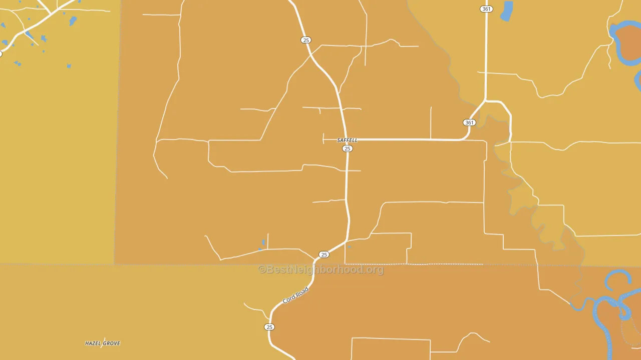 Map of the best neighborhoods in the Saffell area, with better matches in green and worse matches in red