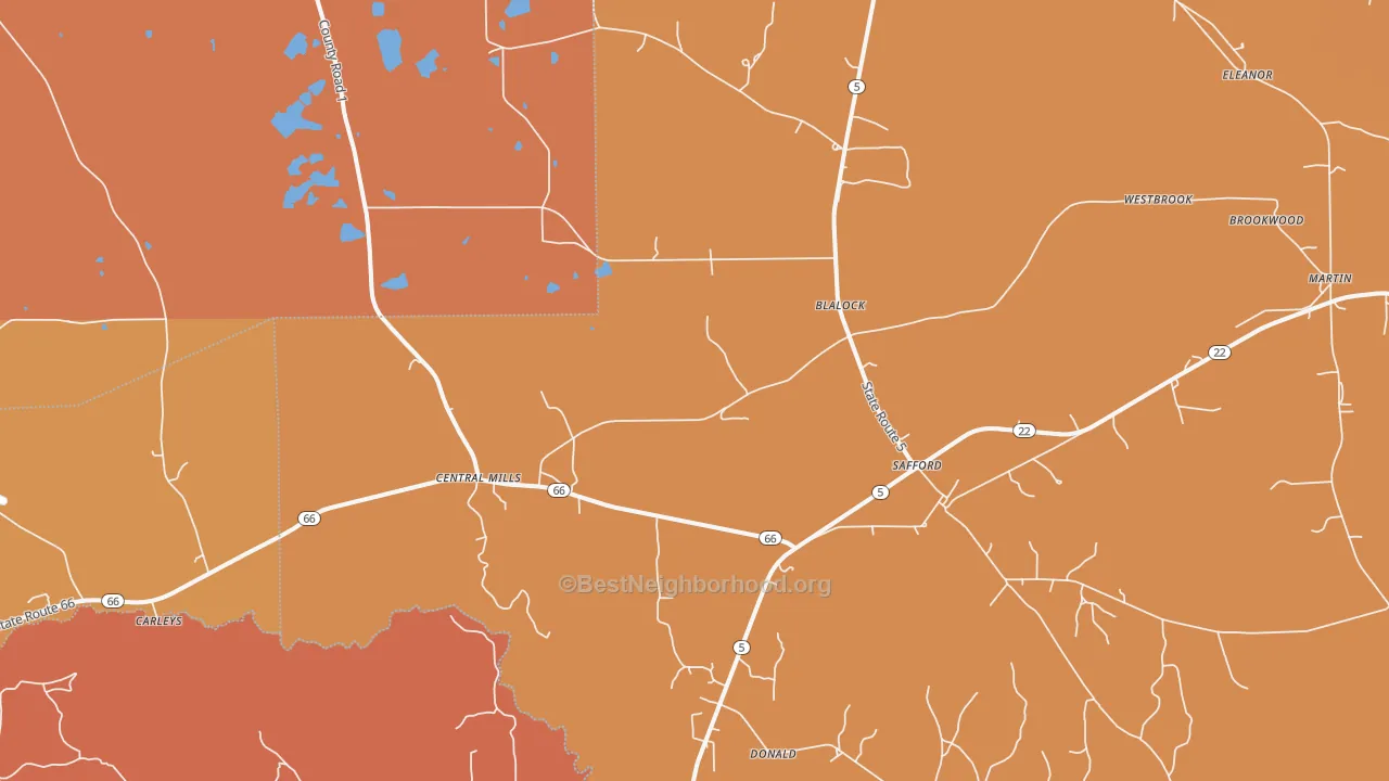 Map of the best neighborhoods in the Safford area, with better matches in green and worse matches in red