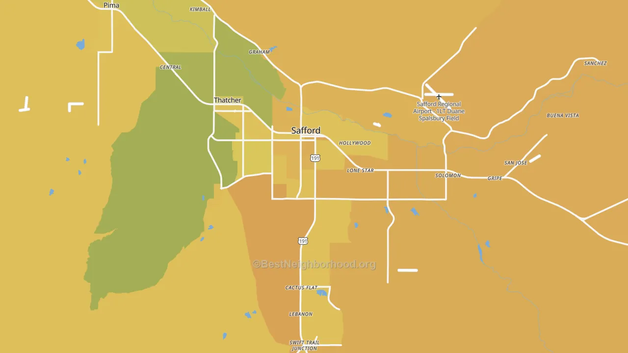 Map of the best neighborhoods in the Safford area, with better matches in green and worse matches in red
