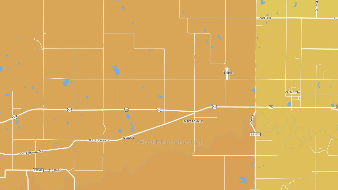 Map of the best neighborhoods in the Saffordville area, with better matches in green and worse matches in red