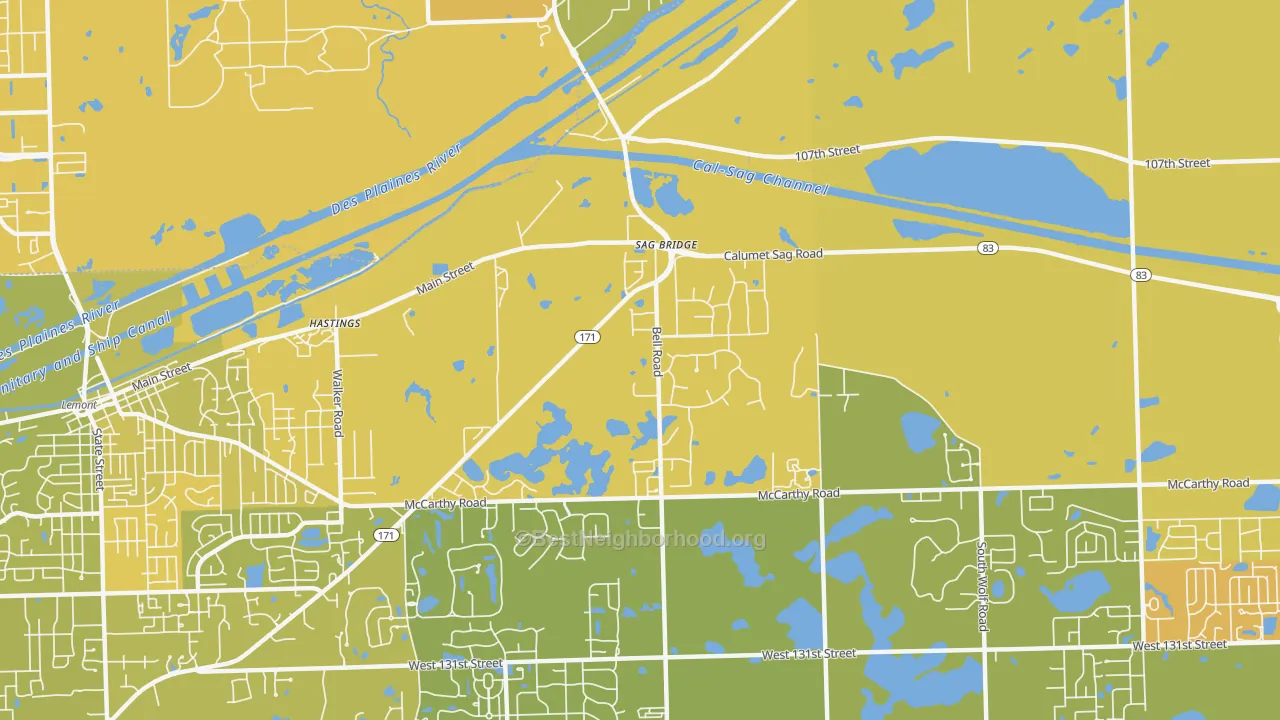 Map of the best neighborhoods in the Sag Bridge area, with better matches in green and worse matches in red