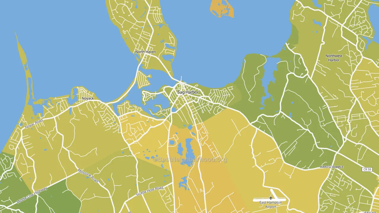 Map of the best neighborhoods in the Sag Harbor area, with better matches in green and worse matches in red
