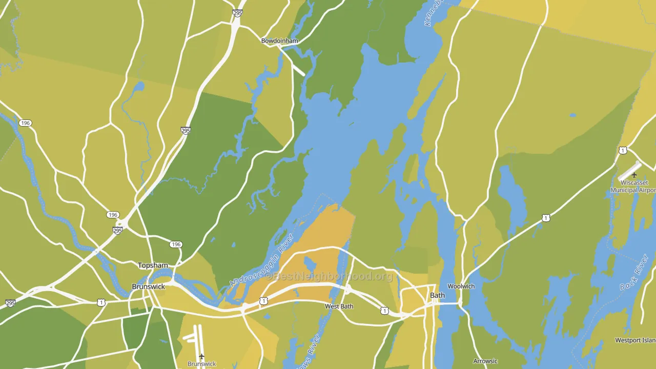 Map of the best neighborhoods in the Sagadahoc County area, with better matches in green and worse matches in red