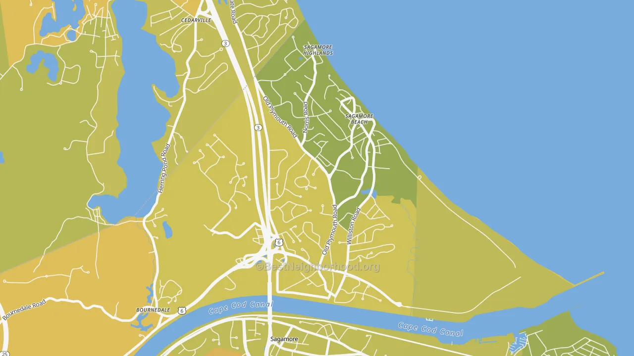 Map of the best neighborhoods in the Sagamore Beach area, with better matches in green and worse matches in red