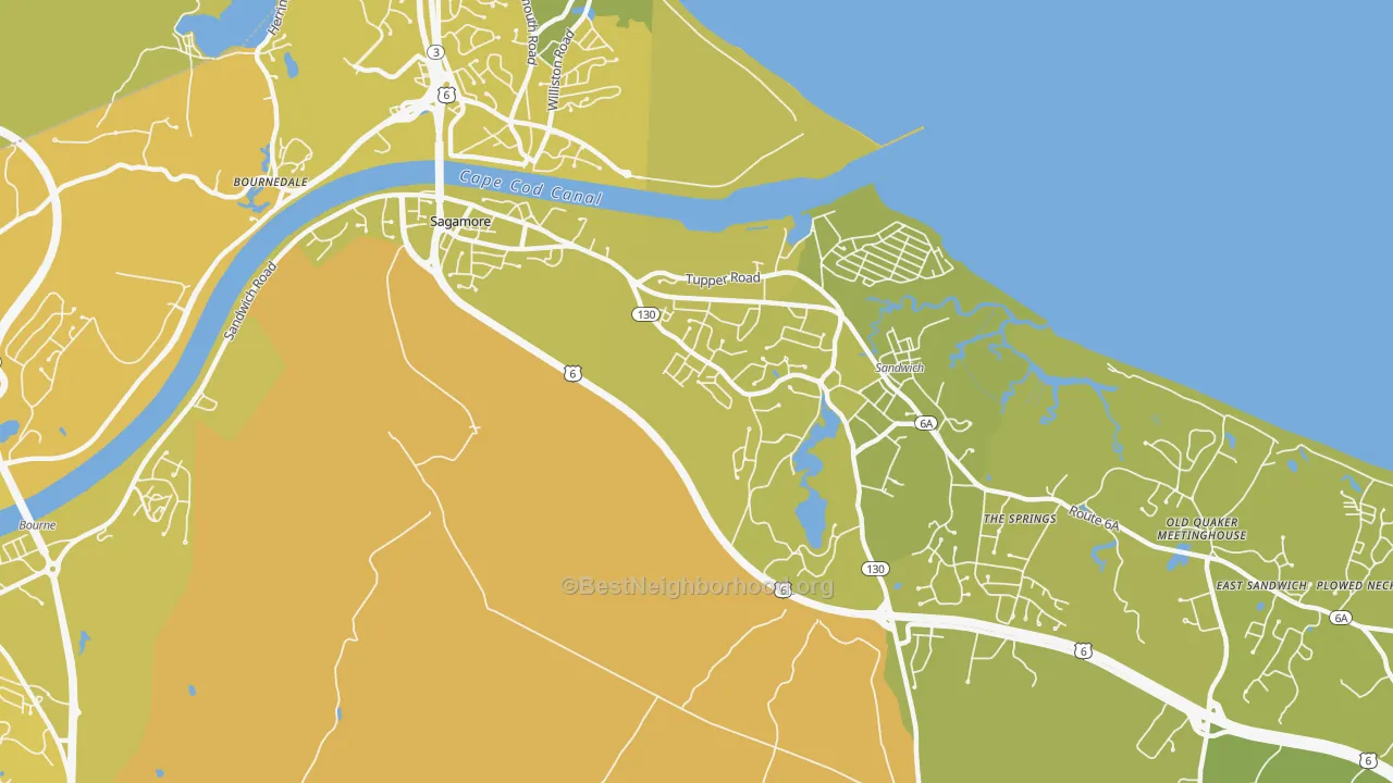 Map of the best neighborhoods in the Sagamore Highlands area, with better matches in green and worse matches in red