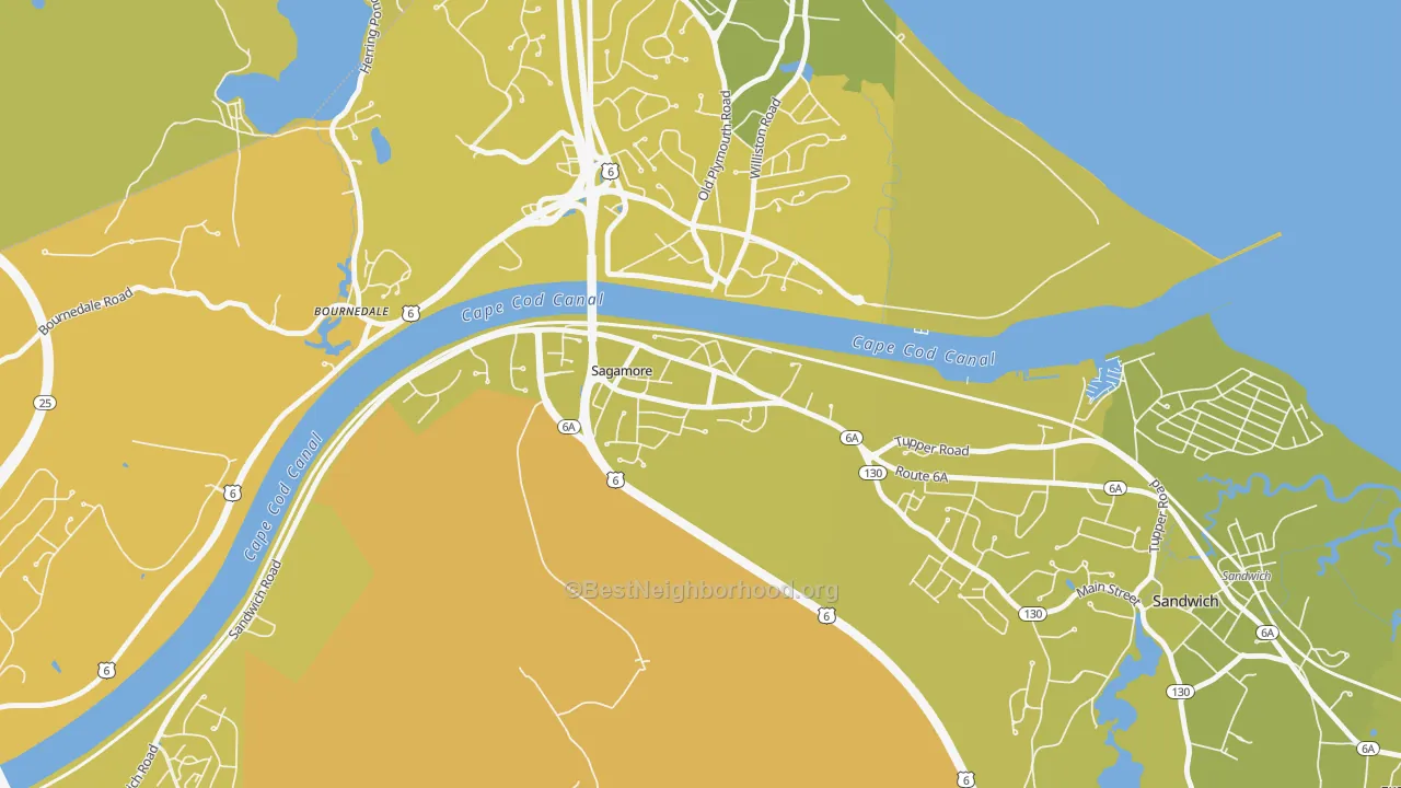 Map of the best neighborhoods in the Sagamore area, with better matches in green and worse matches in red