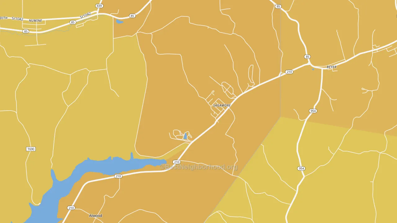 Map of the best neighborhoods in the Sagamore area, with better matches in green and worse matches in red