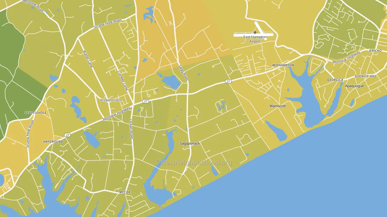 Map of the best neighborhoods in the Sagaponack area, with better matches in green and worse matches in red