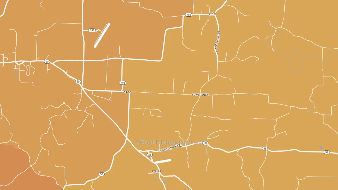 Map of the best neighborhoods in the Sage area, with better matches in green and worse matches in red