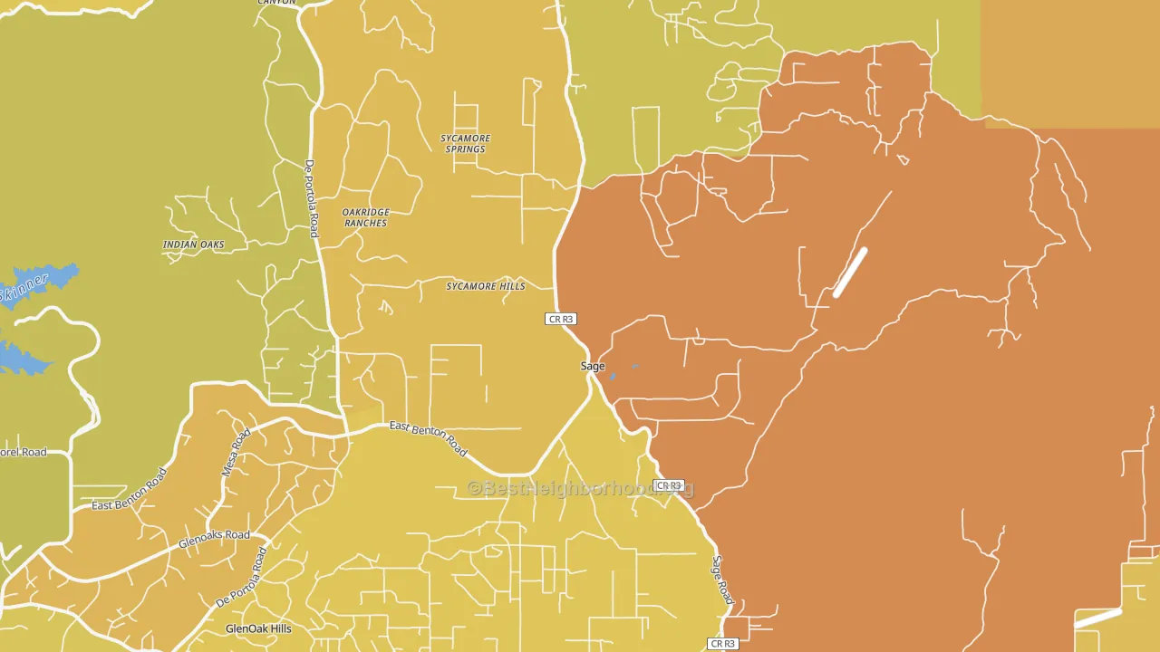 Map of the best neighborhoods in the Sage area, with better matches in green and worse matches in red