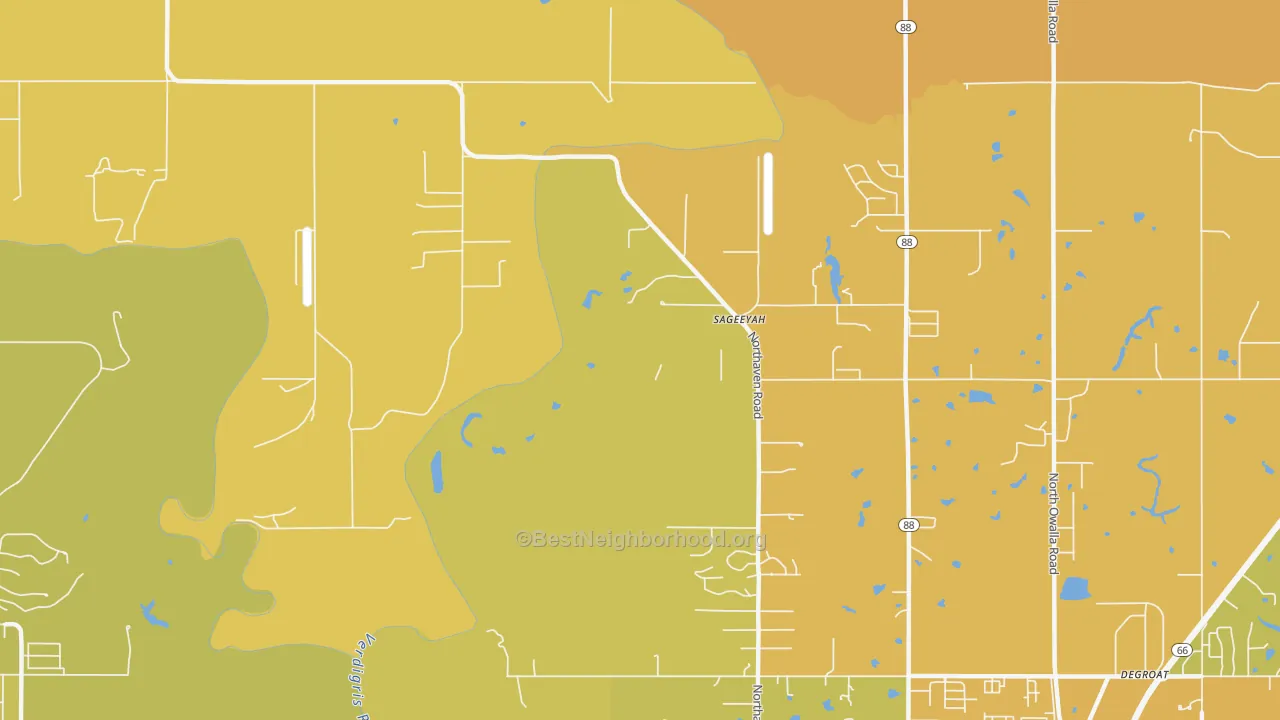 Map of the best neighborhoods in the Sageeyah area, with better matches in green and worse matches in red