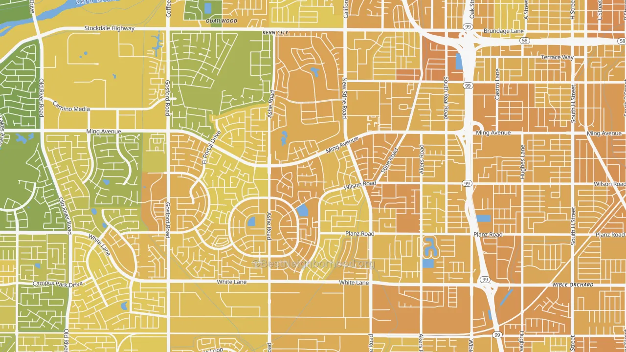 Map of the best neighborhoods in the Sagepointe, Bakersfield area, with better matches in green and worse matches in red