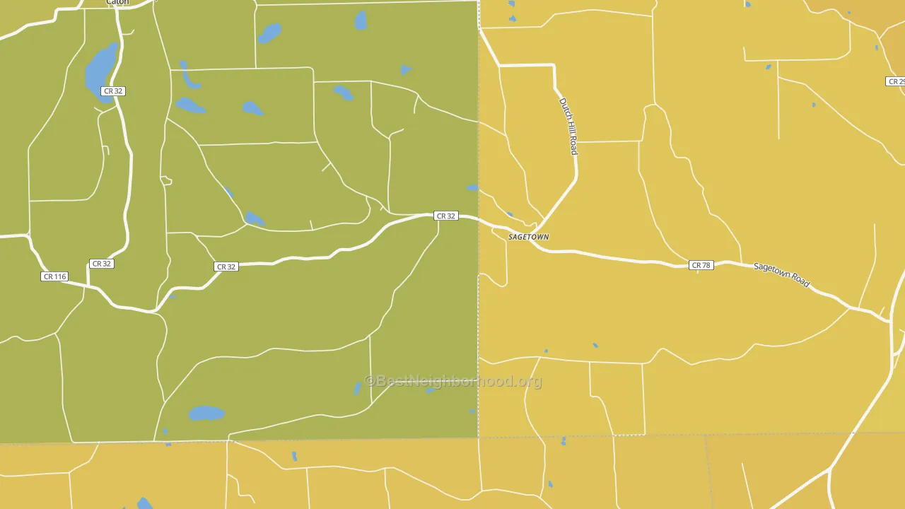 Map of the best neighborhoods in the Sagetown area, with better matches in green and worse matches in red
