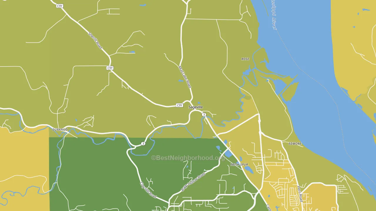 Map of the best neighborhoods in the Sageville area, with better matches in green and worse matches in red